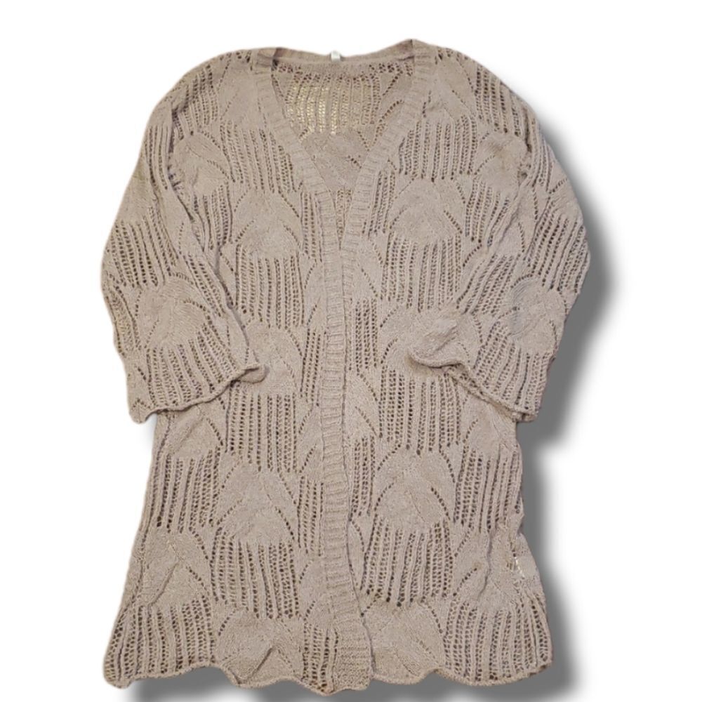 𝅺Daisies Womens Crocheted Tunic Length Tan‎ Sweater Shawl Size Large